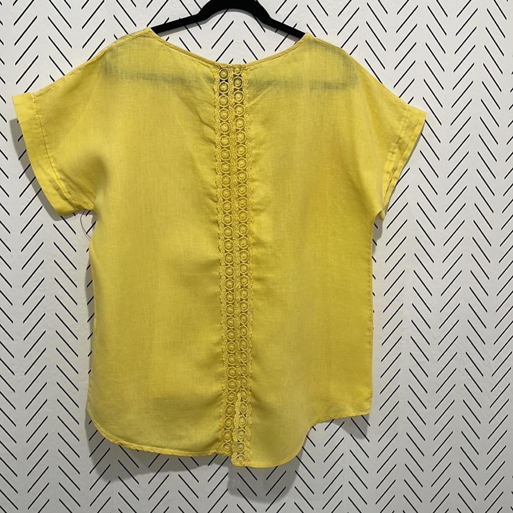 Terzo Millennio 100% Linen Top, Yellow,  Embroidered Back, Lagenlook, Size L